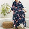 Dark Tropical Flamingo Pattern Print Silk V-Neck Kaftan Dress