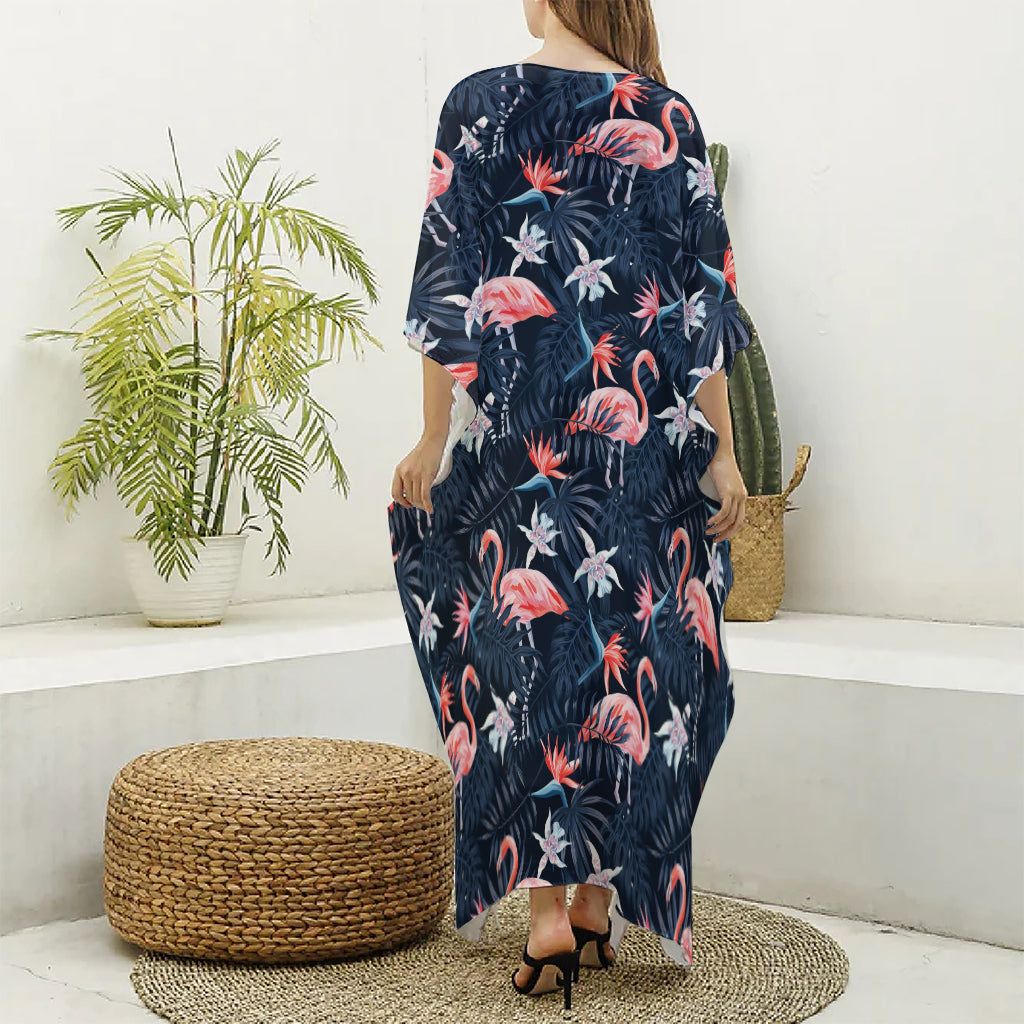 Dark Tropical Flamingo Pattern Print Silk V-Neck Kaftan Dress