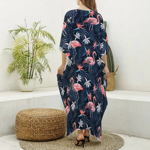 Dark Tropical Flamingo Pattern Print Silk V-Neck Kaftan Dress