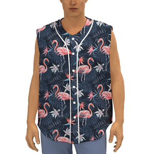 Dark Tropical Flamingo Pattern Print Sleeveless Baseball Jersey