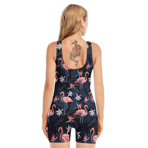 Dark Tropical Flamingo Pattern Print Sleeveless One Piece Swimsuit