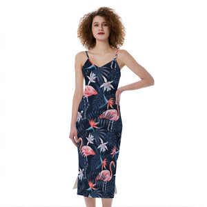 Dark Tropical Flamingo Pattern Print Slim Fit Midi Cami Dress