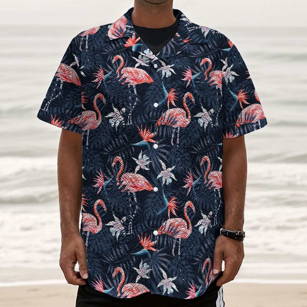 Dark Tropical Flamingo Pattern Print Textured Short Sleeve Shirt