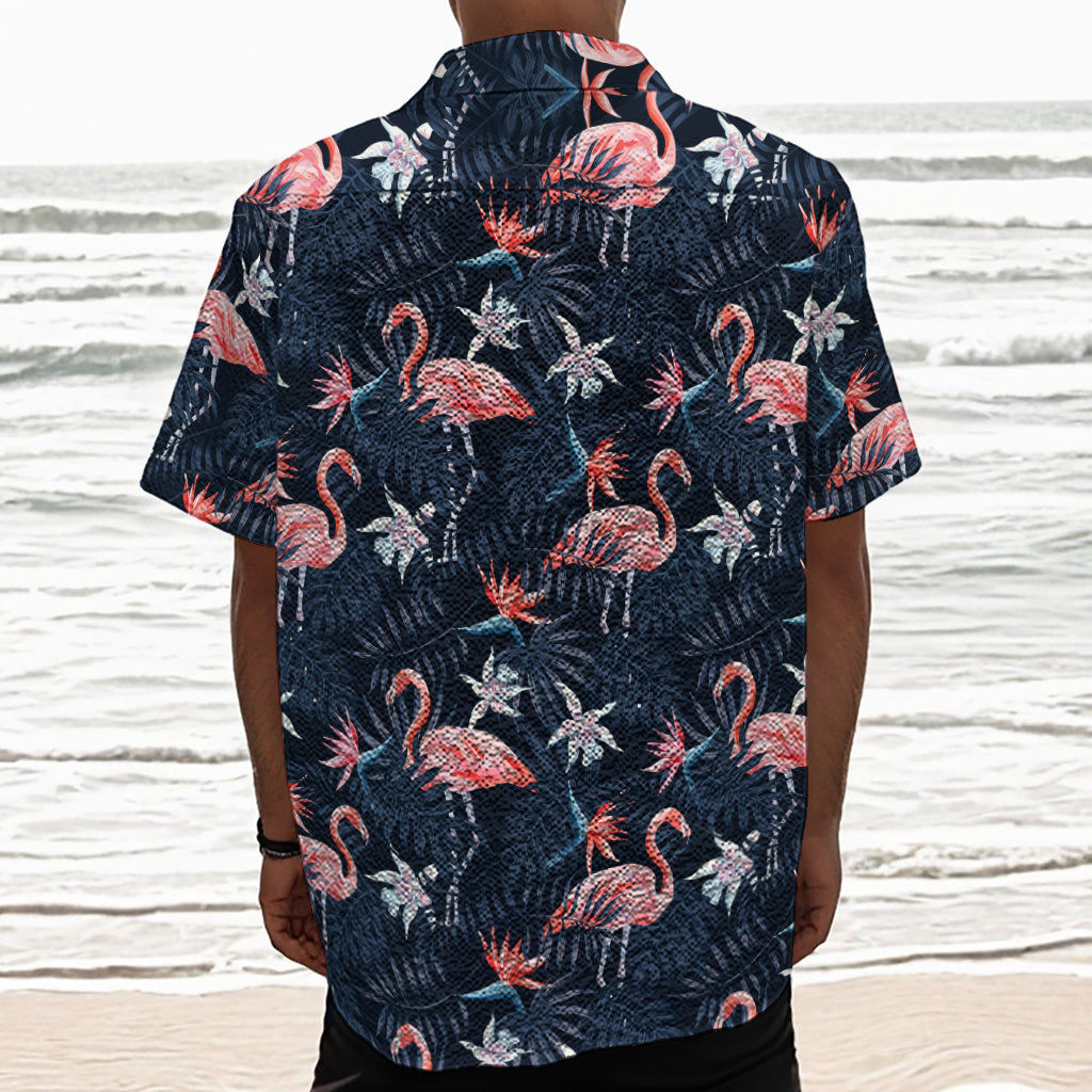 Dark Tropical Flamingo Pattern Print Textured Short Sleeve Shirt