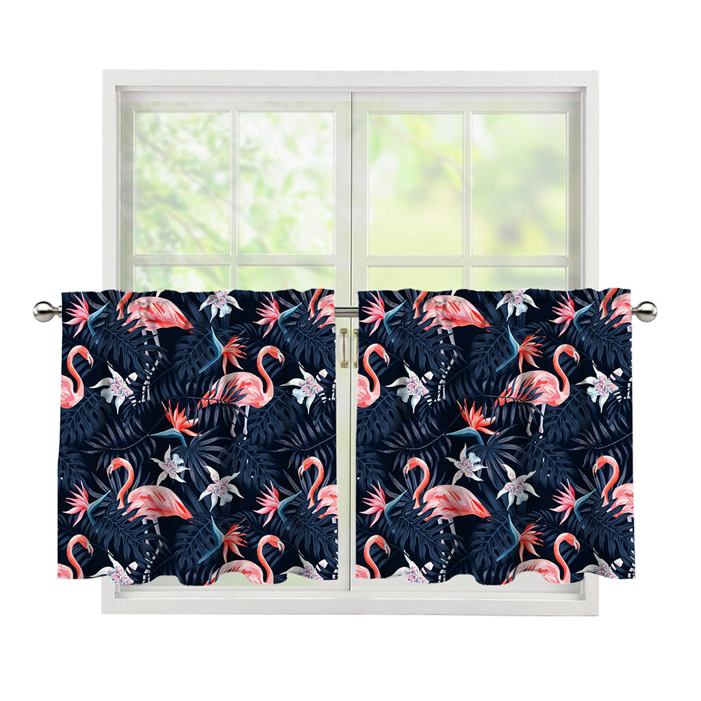 Dark Tropical Flamingo Pattern Print Tier Curtains