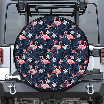Dark Tropical Flamingo Pattern Print Tire Cover