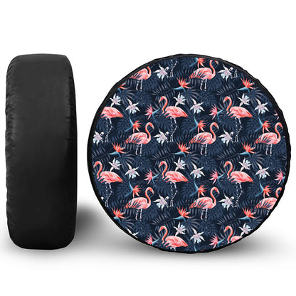 Dark Tropical Flamingo Pattern Print Tire Cover
