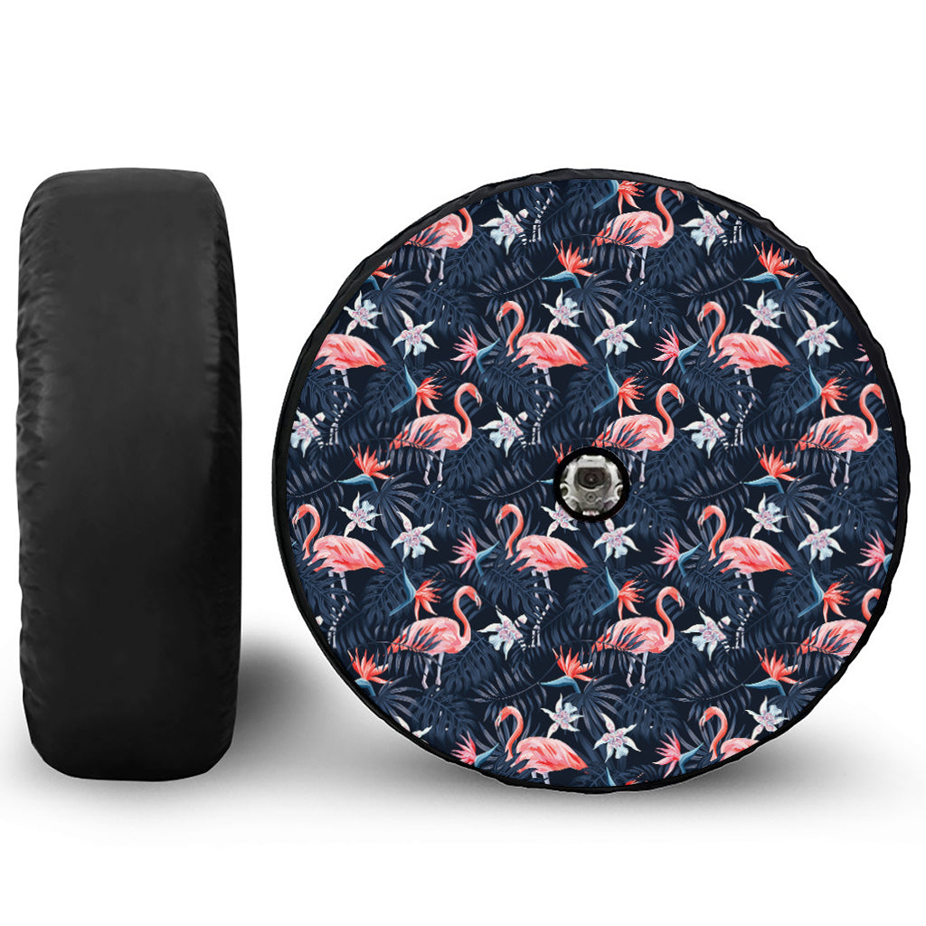 Dark Tropical Flamingo Pattern Print Tire Cover With Camera Hole