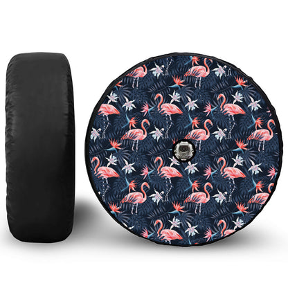 Dark Tropical Flamingo Pattern Print Tire Cover With Camera Hole