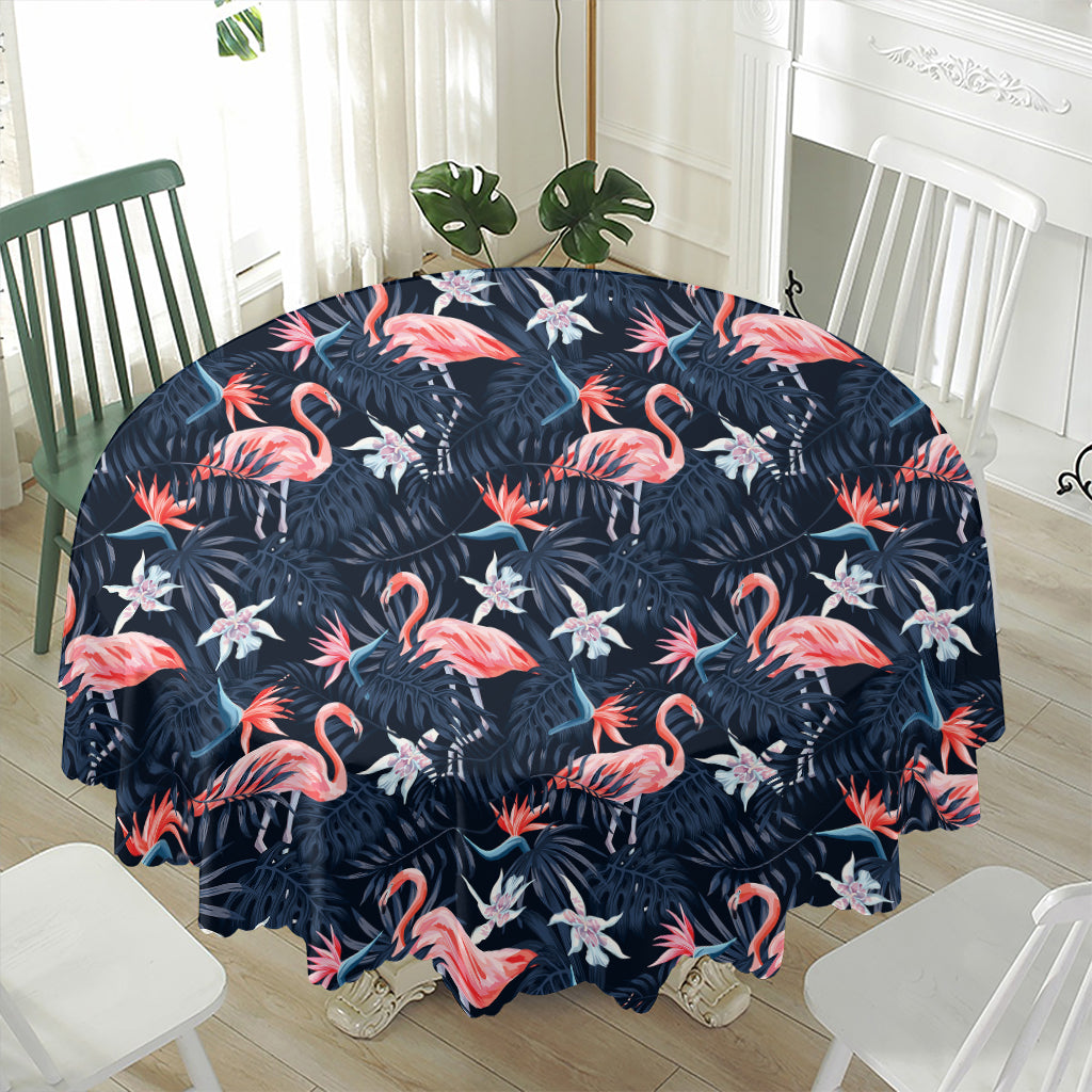 Dark Tropical Flamingo Pattern Print Waterproof Round Tablecloth