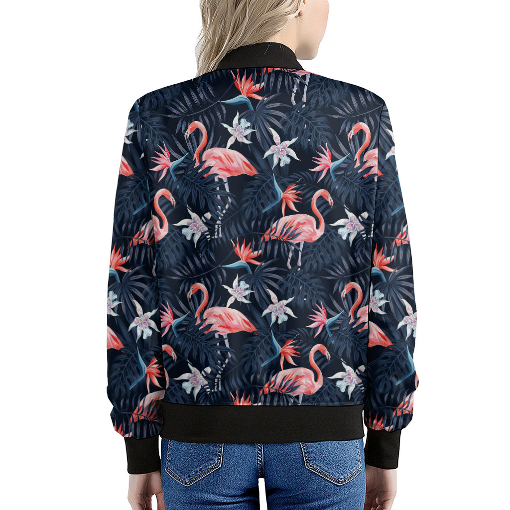 Dark Tropical Flamingo Pattern Print Women's Bomber Jacket