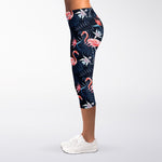 Dark Tropical Flamingo Pattern Print Women's Capri Leggings