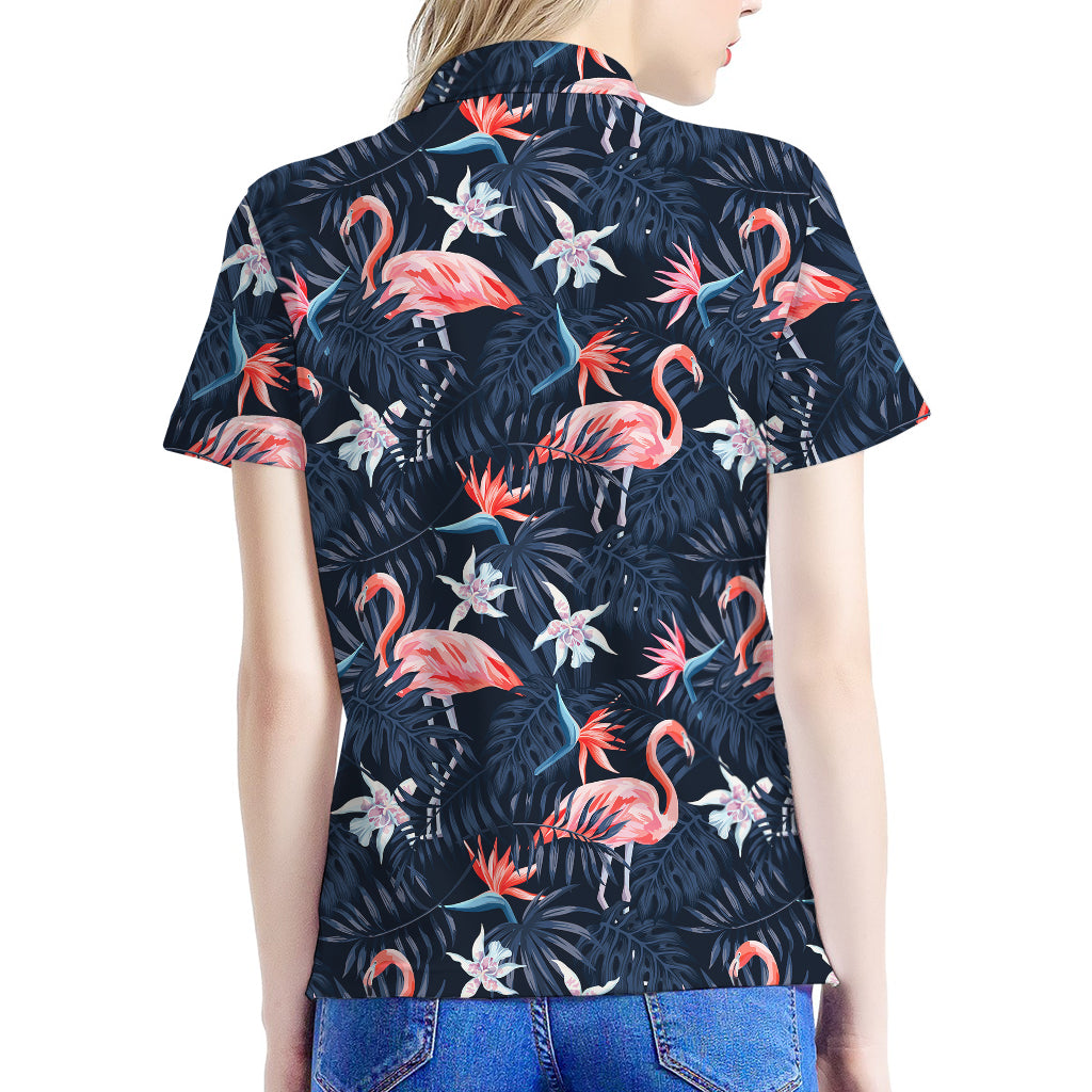 Dark Tropical Flamingo Pattern Print Women's Polo Shirt