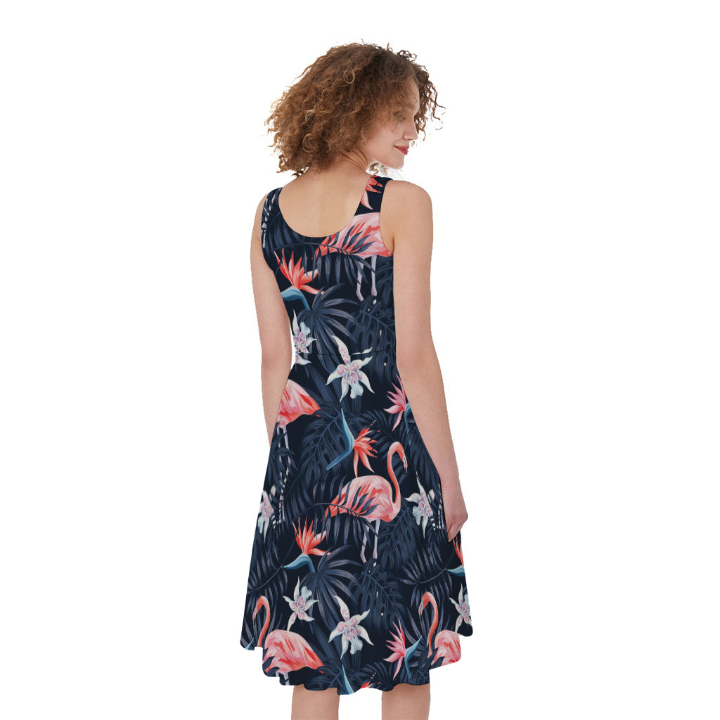 Dark Tropical Flamingo Pattern Print Women's Sleeveless Dress
