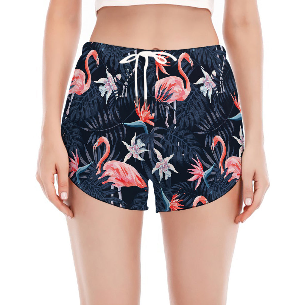 Dark Tropical Flamingo Pattern Print Women's Split Running Shorts