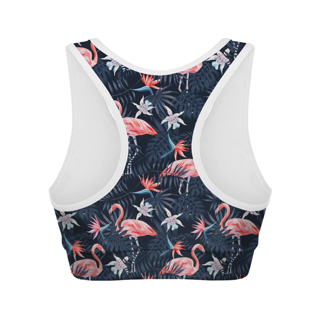 Dark Tropical Flamingo Pattern Print Women's Sports Bra