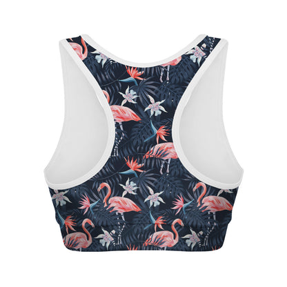 Dark Tropical Flamingo Pattern Print Women's Sports Bra