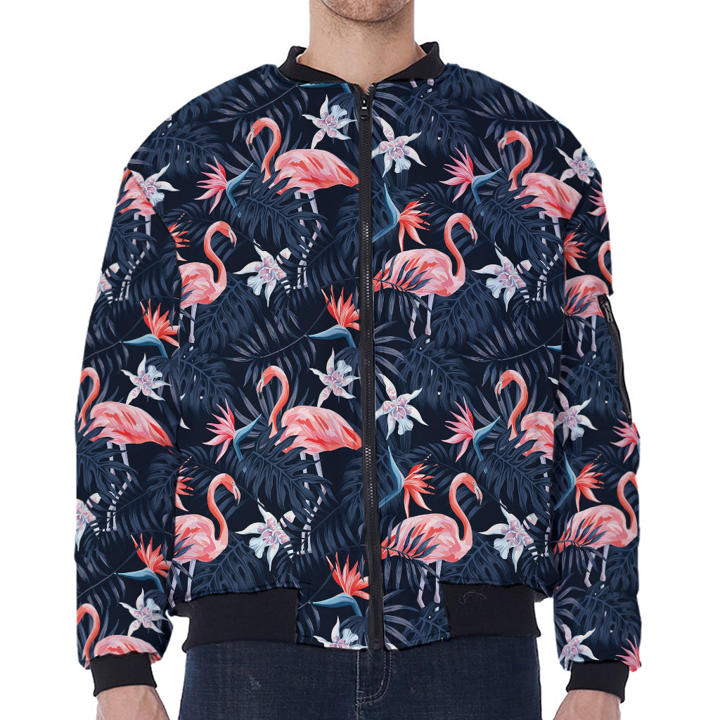 Dark Tropical Flamingo Pattern Print Zip Sleeve Bomber Jacket