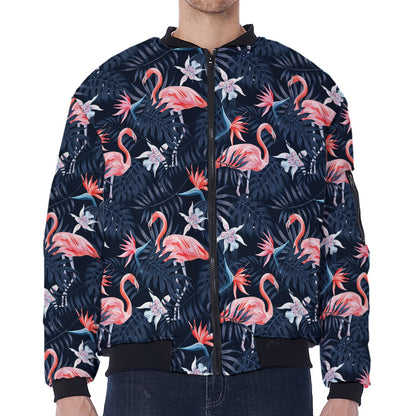 Dark Tropical Flamingo Pattern Print Zip Sleeve Bomber Jacket