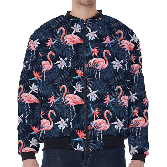 Dark Tropical Flamingo Pattern Print Zip Sleeve Bomber Jacket