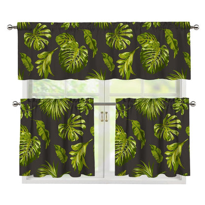 Dark Tropical Leaf Pattern Print 3 Piece Kitchen Curtains