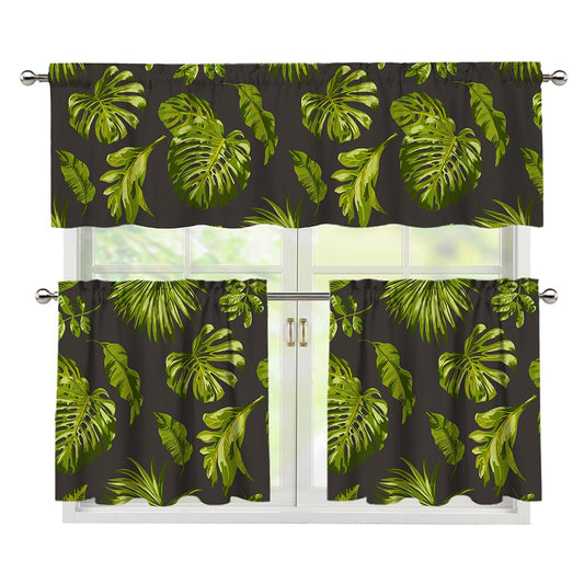 Dark Tropical Leaf Pattern Print 3 Piece Kitchen Curtains