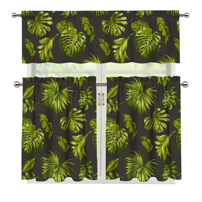 Dark Tropical Leaf Pattern Print 3 Piece Kitchen Curtains