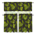 Dark Tropical Leaf Pattern Print 3 Piece Kitchen Curtains