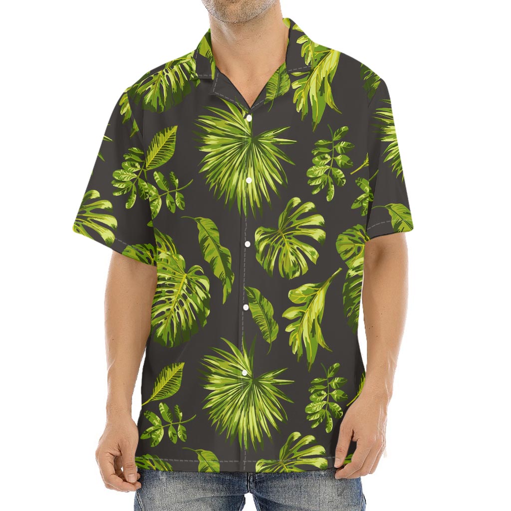 Dark Tropical Leaf Pattern Print Aloha Shirt