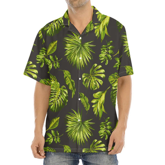 Dark Tropical Leaf Pattern Print Aloha Shirt