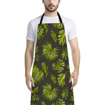 Dark Tropical Leaf Pattern Print Bib Apron With Pocket