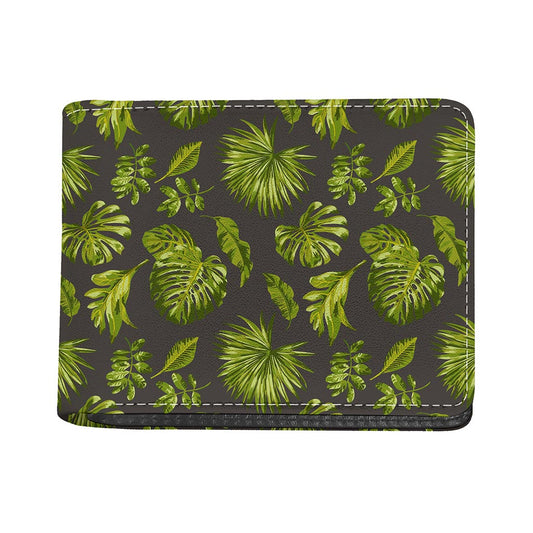 Dark Tropical Leaf Pattern Print Bifold Wallet