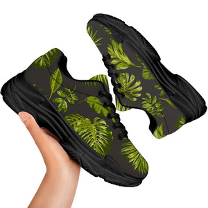 Dark Tropical Leaf Pattern Print Black Chunky Shoes