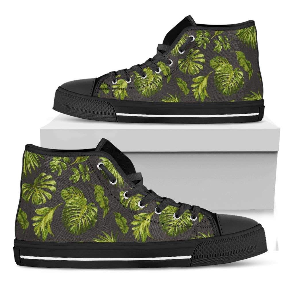 Dark Tropical Leaf Pattern Print Black High Top Sneakers