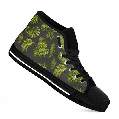 Dark Tropical Leaf Pattern Print Black High Top Sneakers