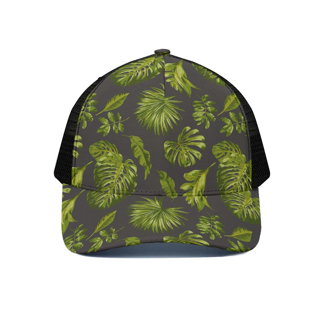 Dark Tropical Leaf Pattern Print Black Mesh Trucker Cap