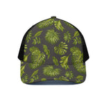 Dark Tropical Leaf Pattern Print Black Mesh Trucker Cap