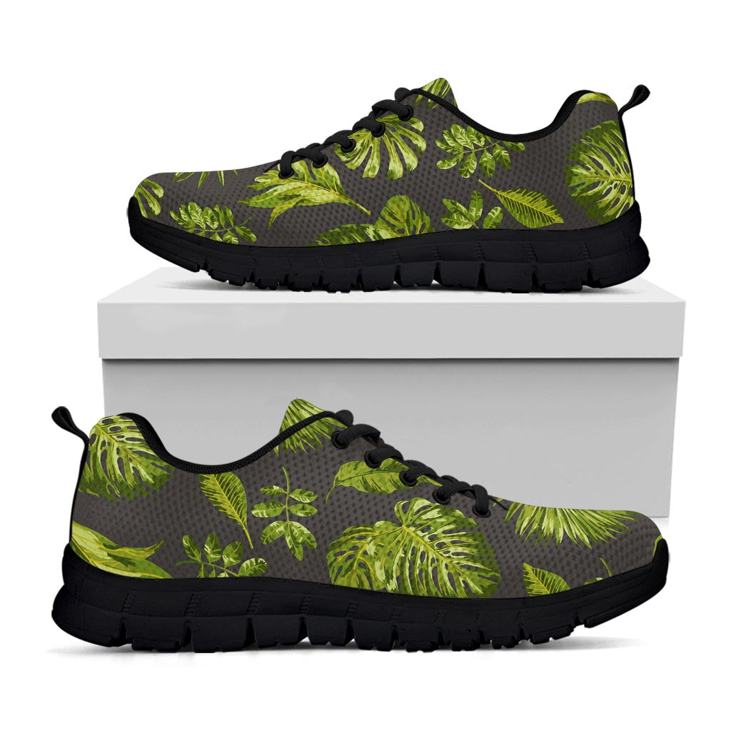 Dark Tropical Leaf Pattern Print Black Running Shoes