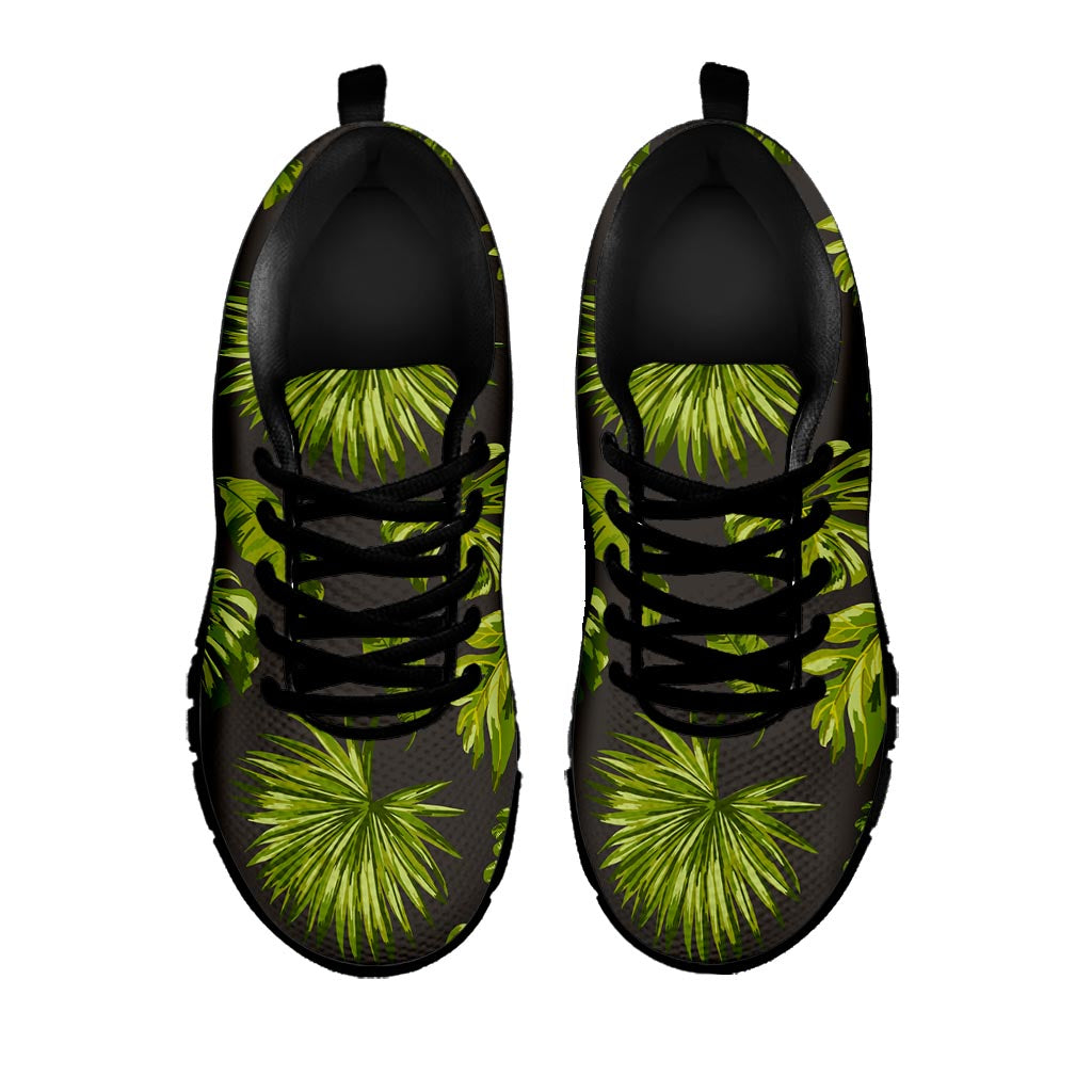 Dark Tropical Leaf Pattern Print Black Running Shoes