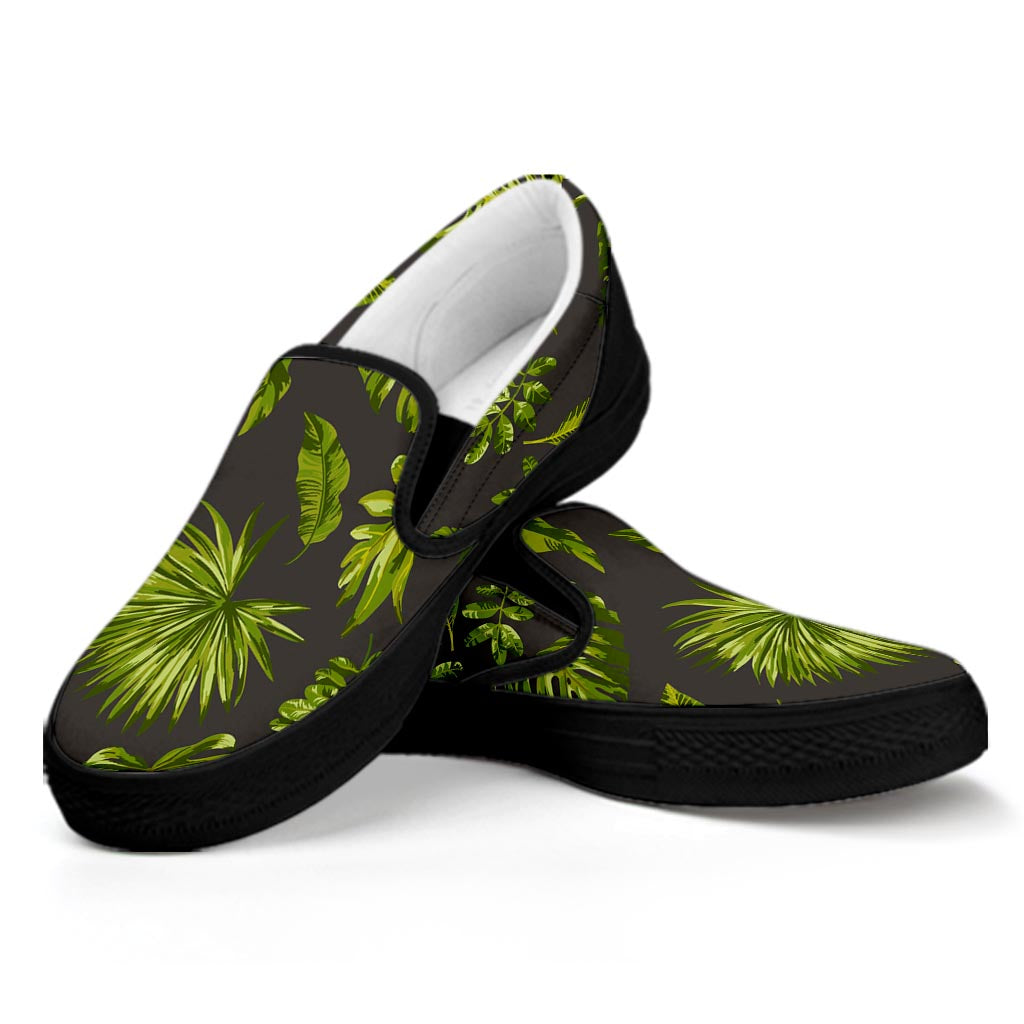 Dark Tropical Leaf Pattern Print Black Slip On Sneakers
