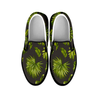 Dark Tropical Leaf Pattern Print Black Slip On Sneakers