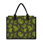 Dark Tropical Leaf Pattern Print Canvas Tote Bag