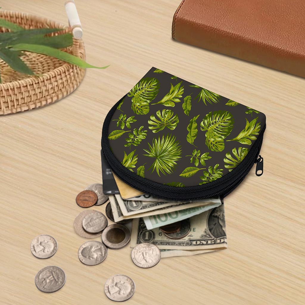 Dark Tropical Leaf Pattern Print Coin Purse