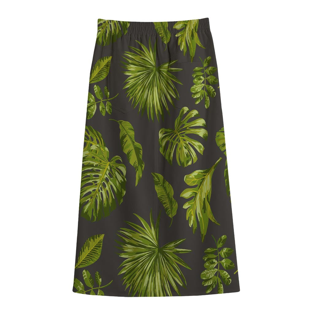 Dark Tropical Leaf Pattern Print Cotton Front Slit Maxi Skirt