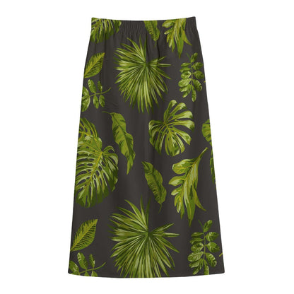 Dark Tropical Leaf Pattern Print Cotton Front Slit Maxi Skirt