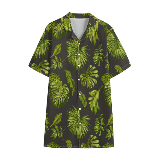 Dark Tropical Leaf Pattern Print Cotton Hawaiian Shirt