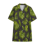 Dark Tropical Leaf Pattern Print Cotton Hawaiian Shirt