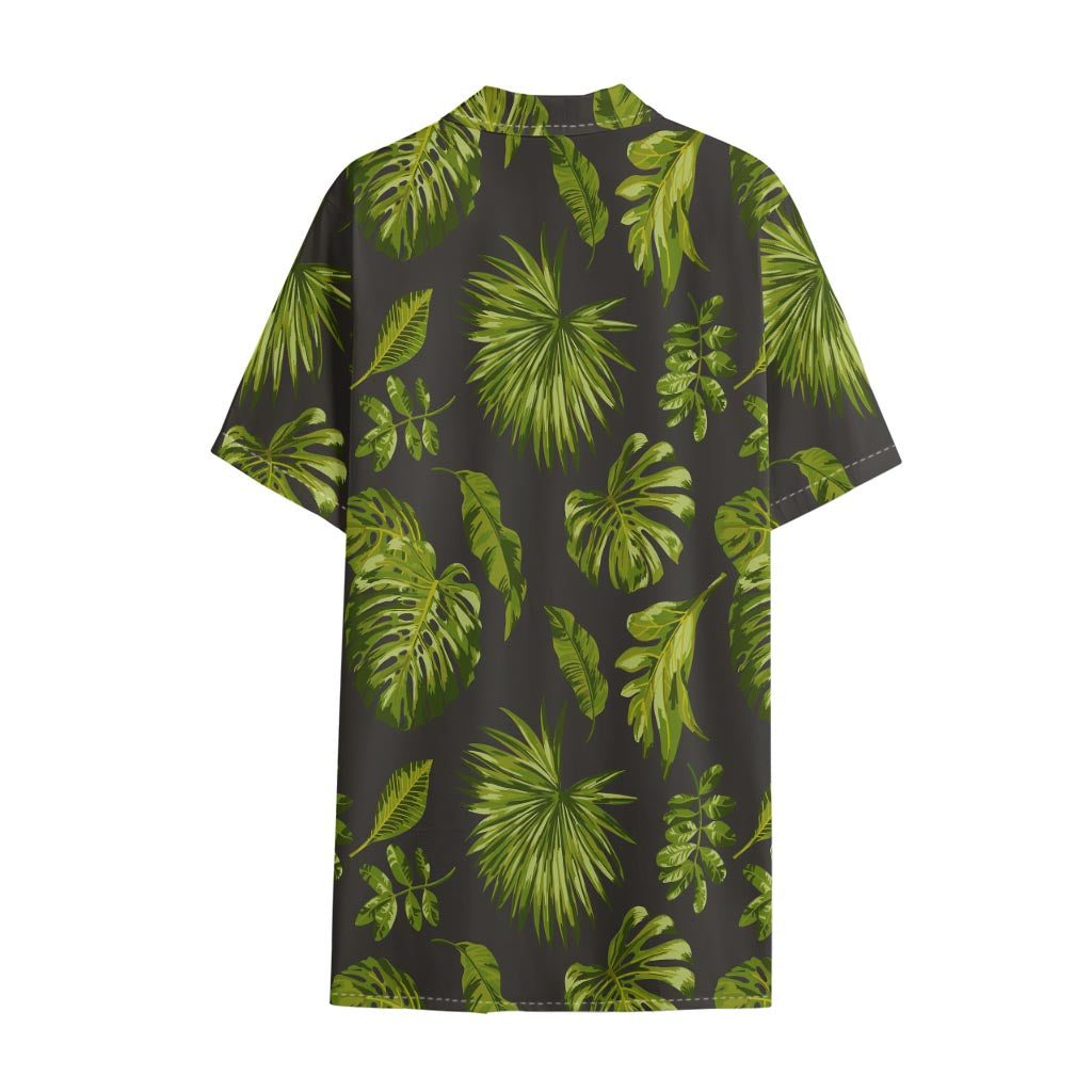Dark Tropical Leaf Pattern Print Cotton Hawaiian Shirt
