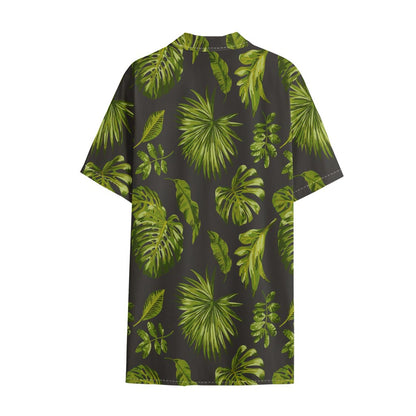Dark Tropical Leaf Pattern Print Cotton Hawaiian Shirt
