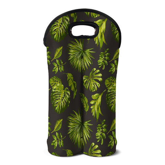 Dark Tropical Leaf Pattern Print Double Neoprene Wine Tote